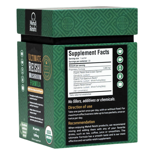 Mehdi Reishi spores powder jar highlighting dual blend purity.