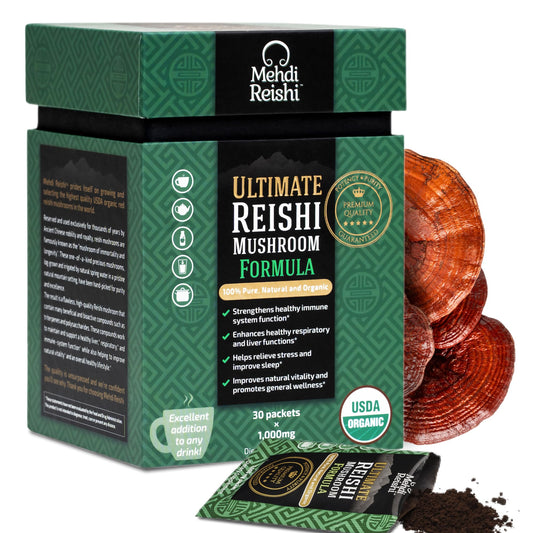 Mehdi Reishi Ultimate bottle close-up for daily wellness.