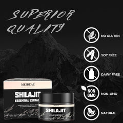 Meideal Shilajit resin exhibits deep amber color and Ayurvedic blend cues