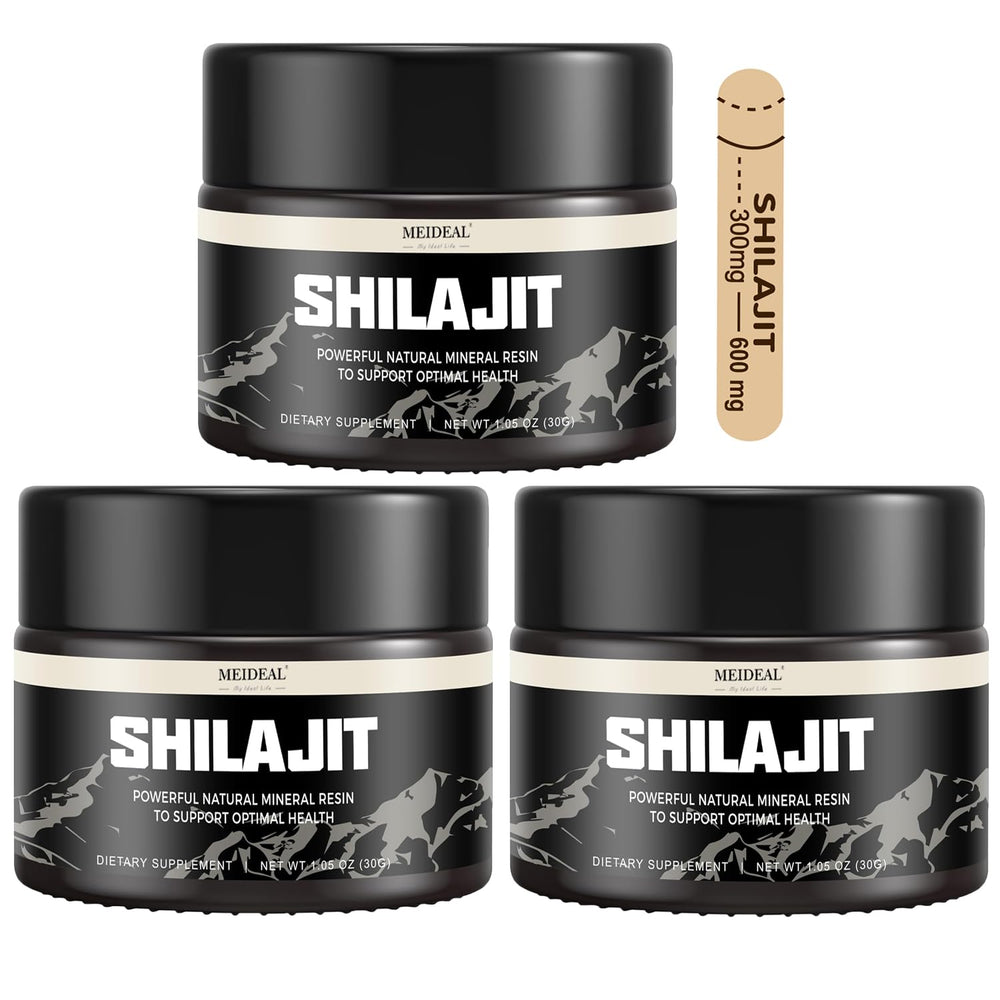 Meideal Shilajit resin in a jar showing rich amber color for natural energy support