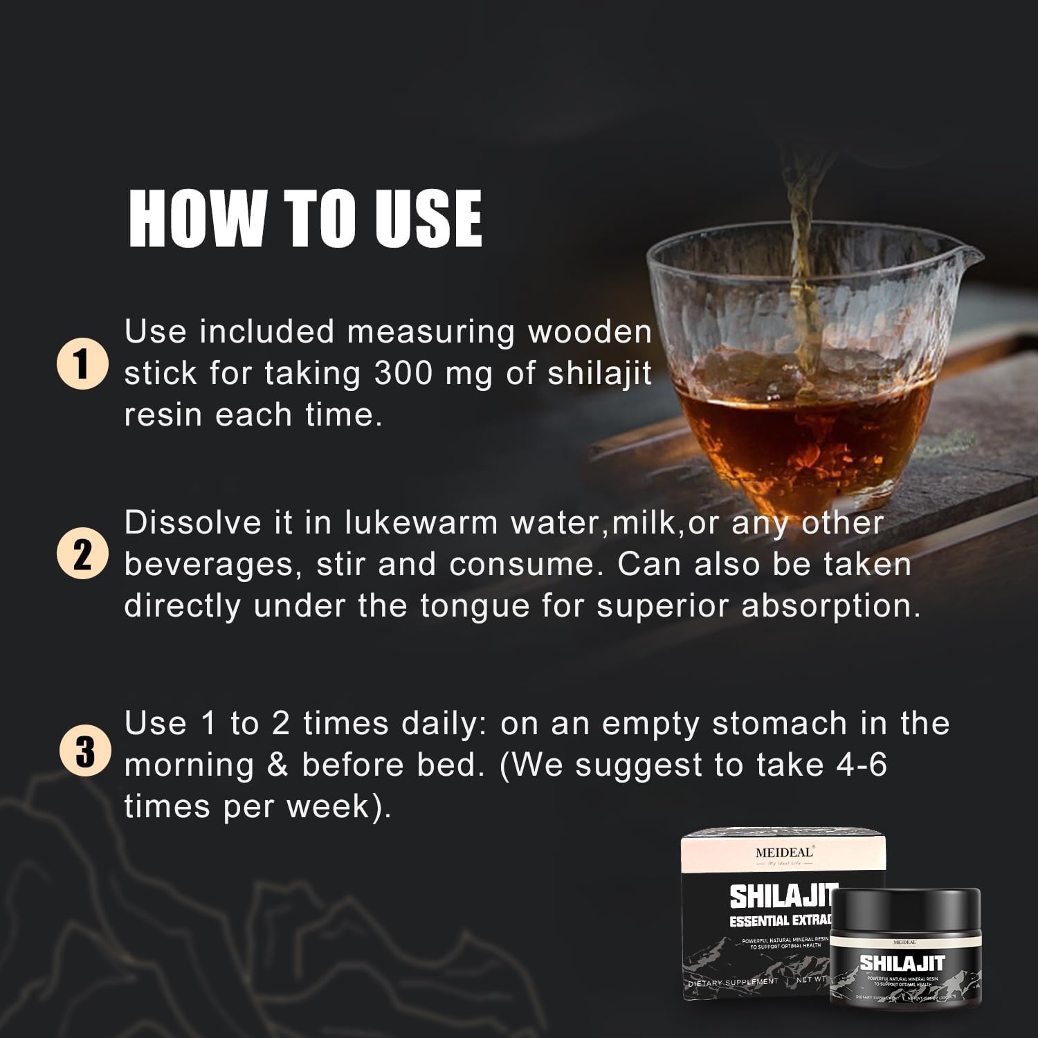 Meideal Shilajit resin with a scoop shows convenient daily dosage