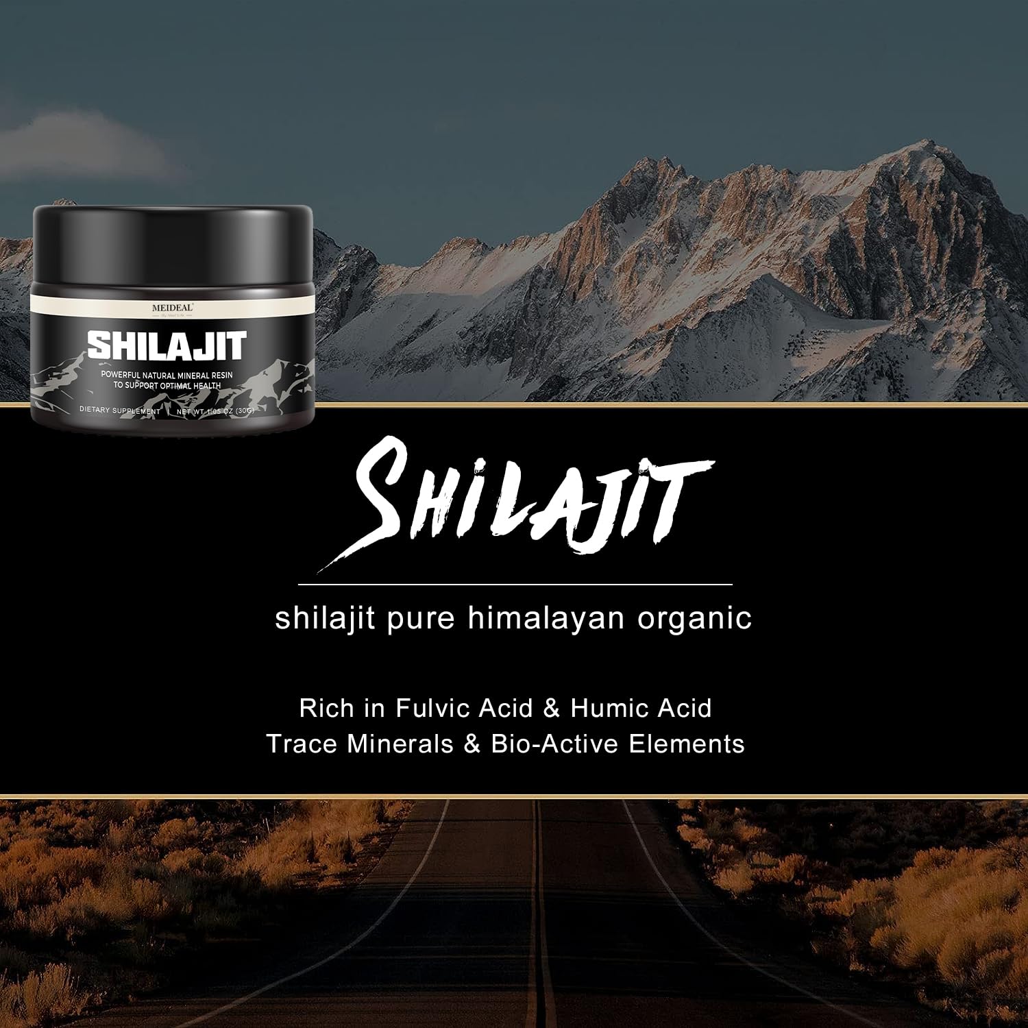 Meideal Shilajit resin bottle showcases triple-pack 30g packaging design
