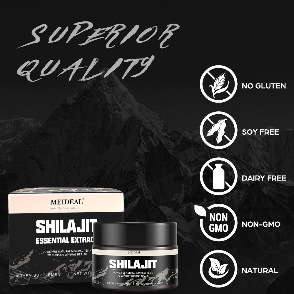 Meideal Shilajit resin jar open with authentic double-sealed packaging.