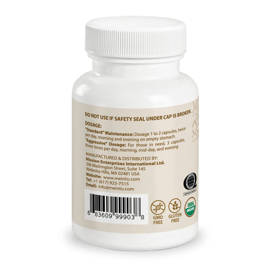 Close-up of Meintu Essiac capsules label on bottle
