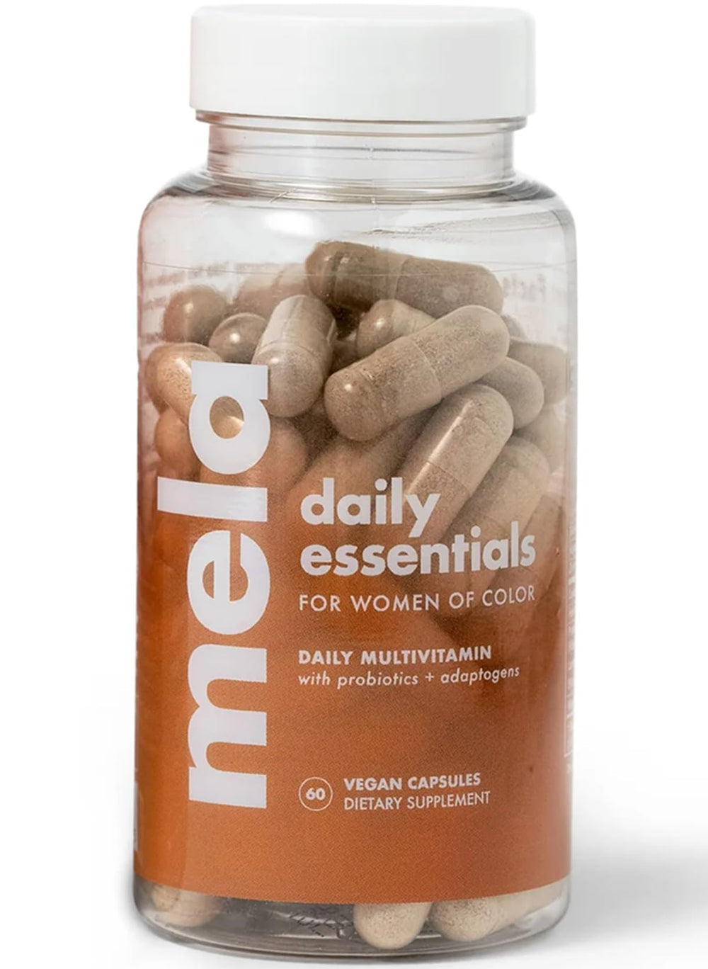 Mela Daily Essentials bottle front, premium daily wellness support for melanated women.