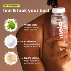 Mela Daily Essentials vegan gluten-free label, emphasizing clean, allergen-friendly formulation.