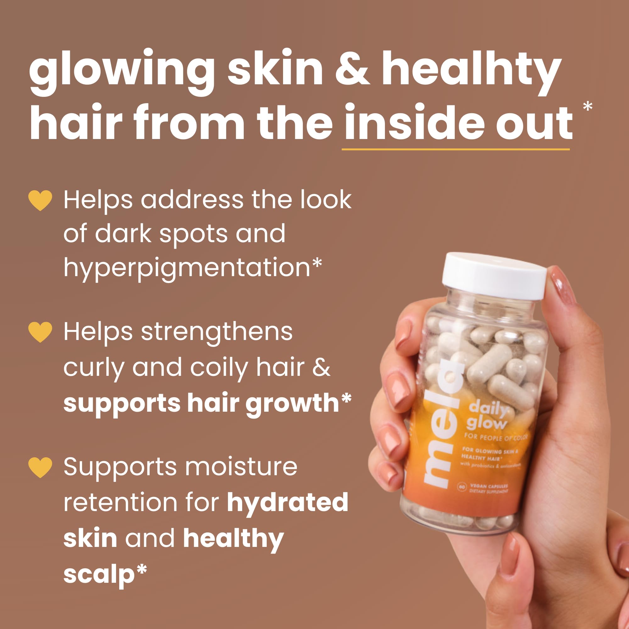 Closeup of Mela Daily Glow capsules highlighting silica and zinc for hair support