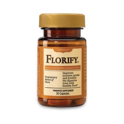 Melaleuca Florify probiotic bottle showing 30 capsules for digestive balance and nutrient absorption.