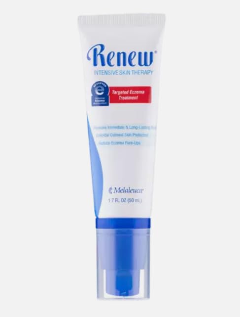 Melaleuca Renew Targeted Eczema Treatment bottle showing fragrance-free soothing care for extra-dry skin.