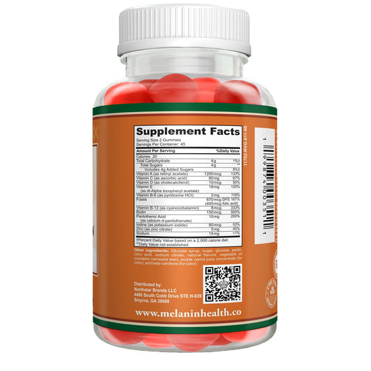 Melanin Health gummies close-up shows berry flavor and easy daily use