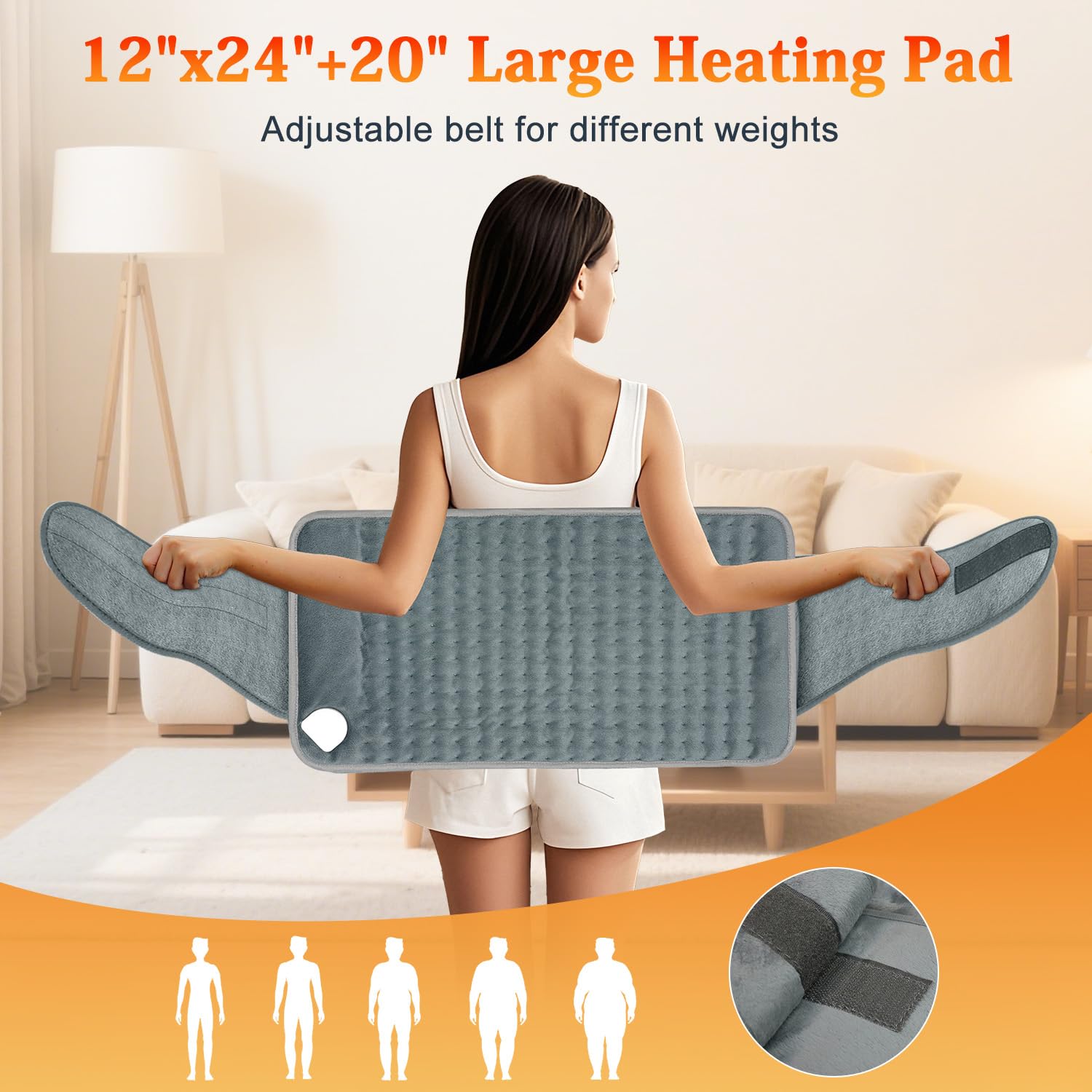 MELCAM heating pad with 6 heat levels customizable comfort for varying needs.