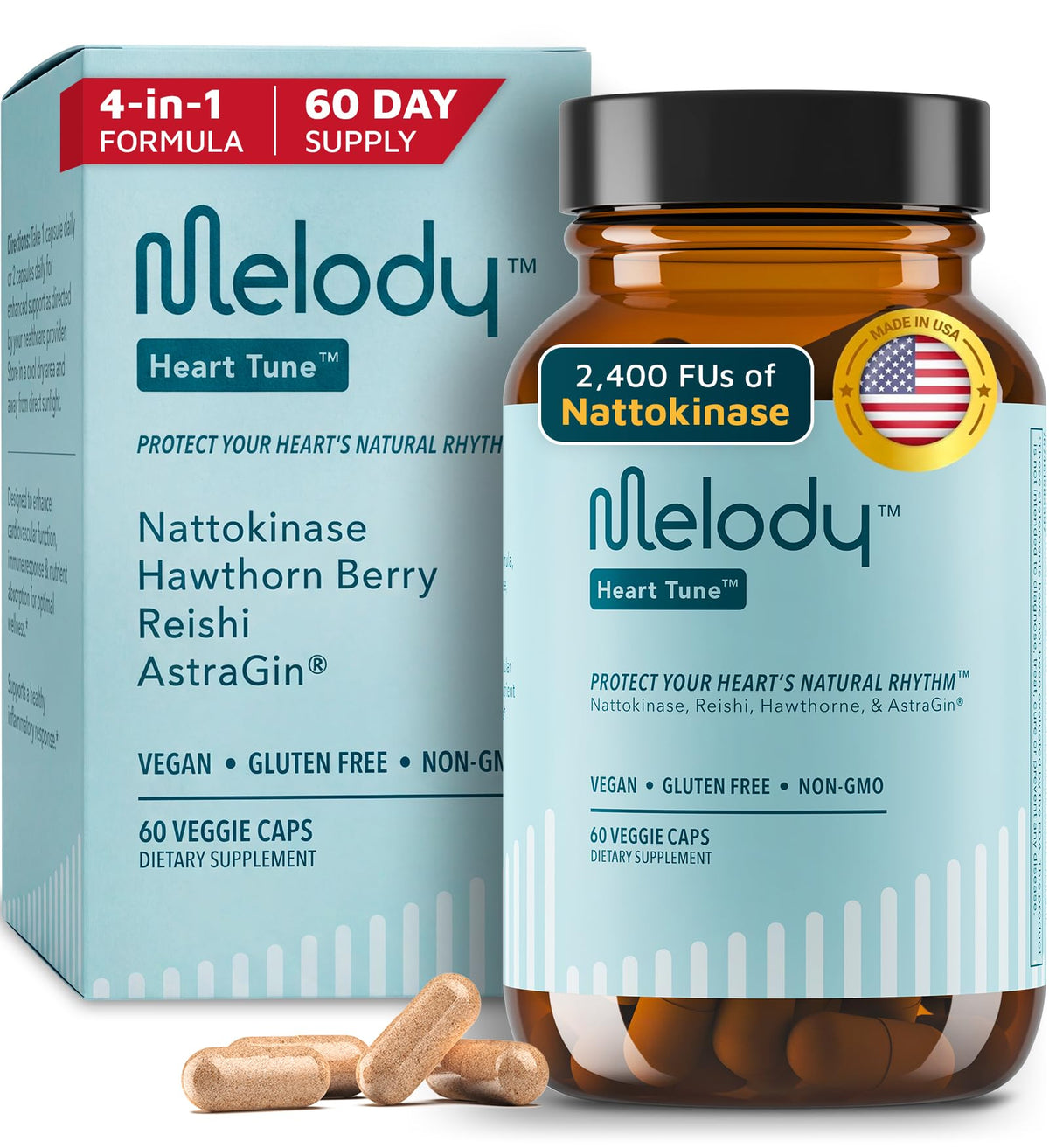 Melody Heart Tune bottle front promoting daily vascular wellness and ease of use.