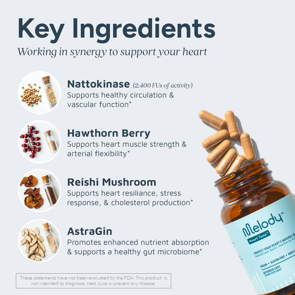 Melody Heart Tune nattokinase-2400fu closeup emphasizing enzyme strength for circulation.