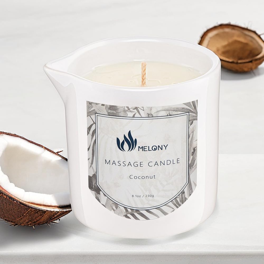 MELONY Coconut oil candle bottle closeup for relaxing aromatherapy