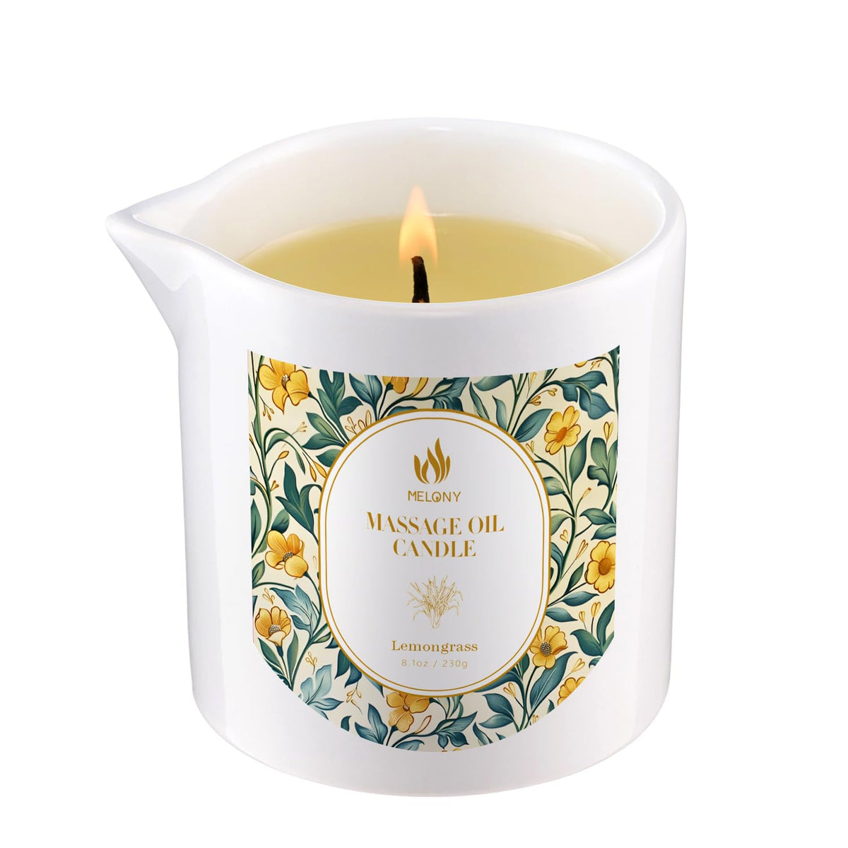 MELONY Massage Candle Lemongrass jar delivering spa-like hydration for skin softness.