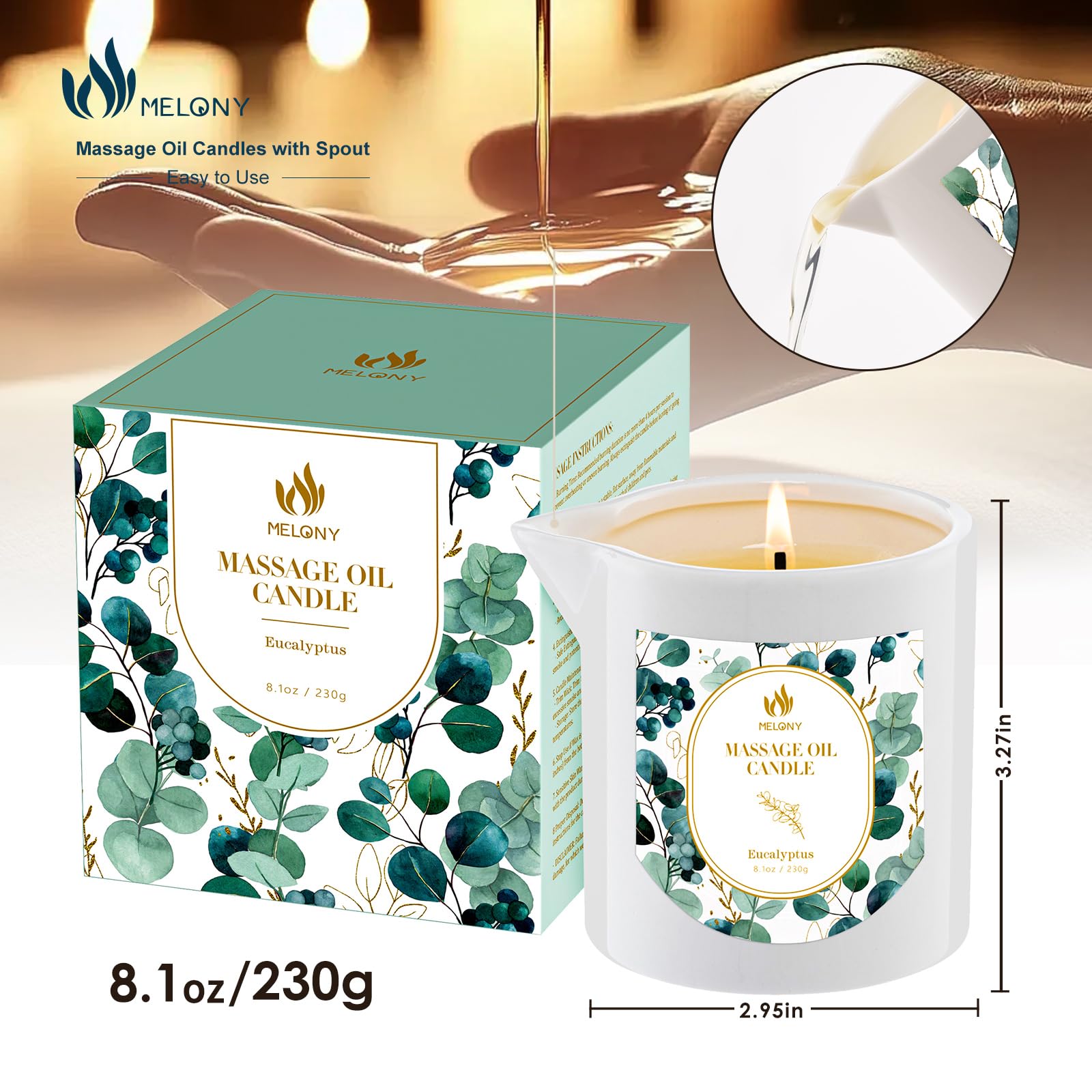 MELONY Soy Massage Candle long burn supports extended at-home spa sessions.