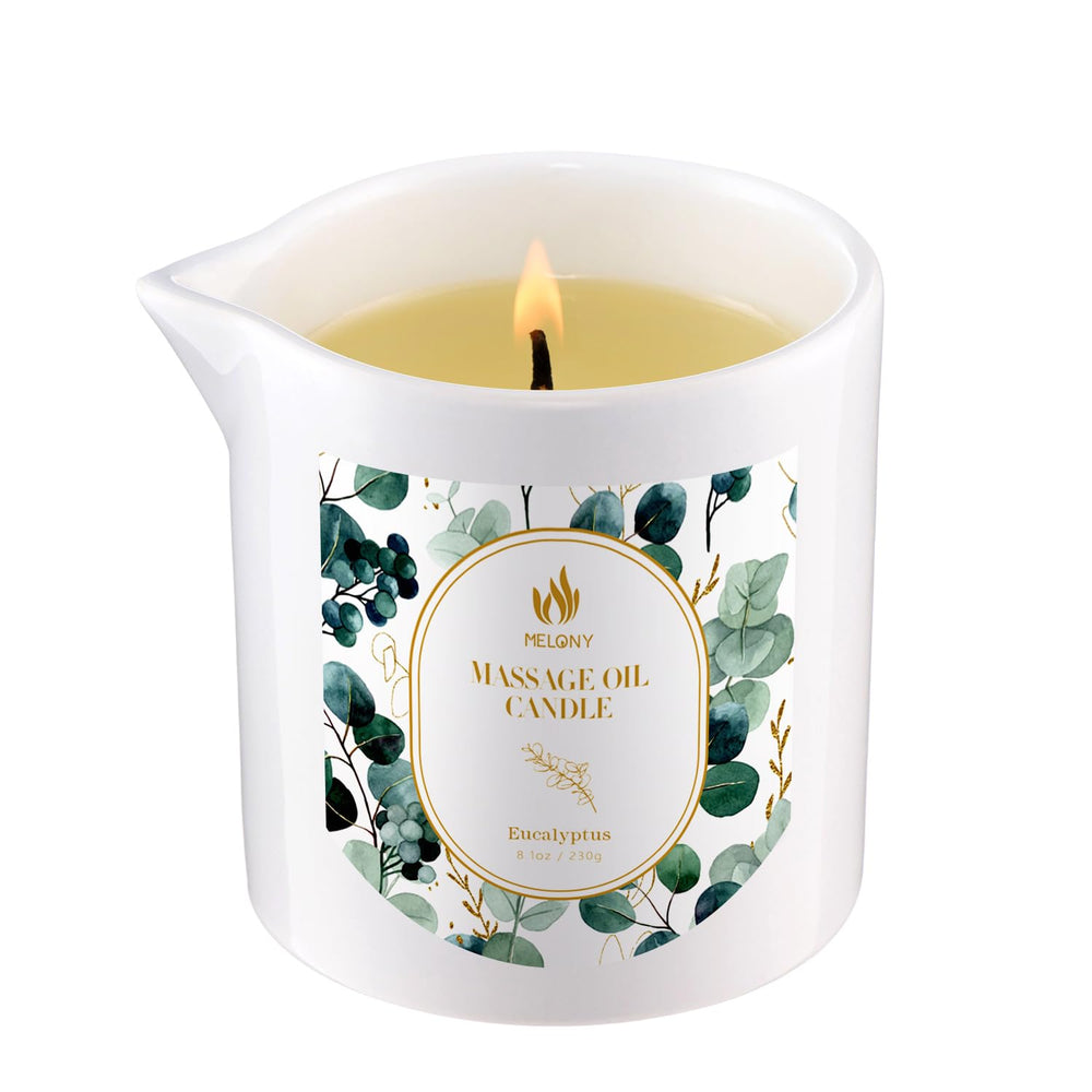 MELONY Soy Massage Candle pour shows a warm massage oil ideal for skin care.