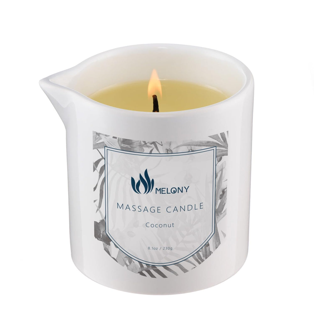 MELONY Soy Massage Oil Candle jar showing rich hydration for smooth skin