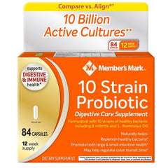 Member's Mark 5x Probiotic Digestive Care bottles for daily support on kitchen counter