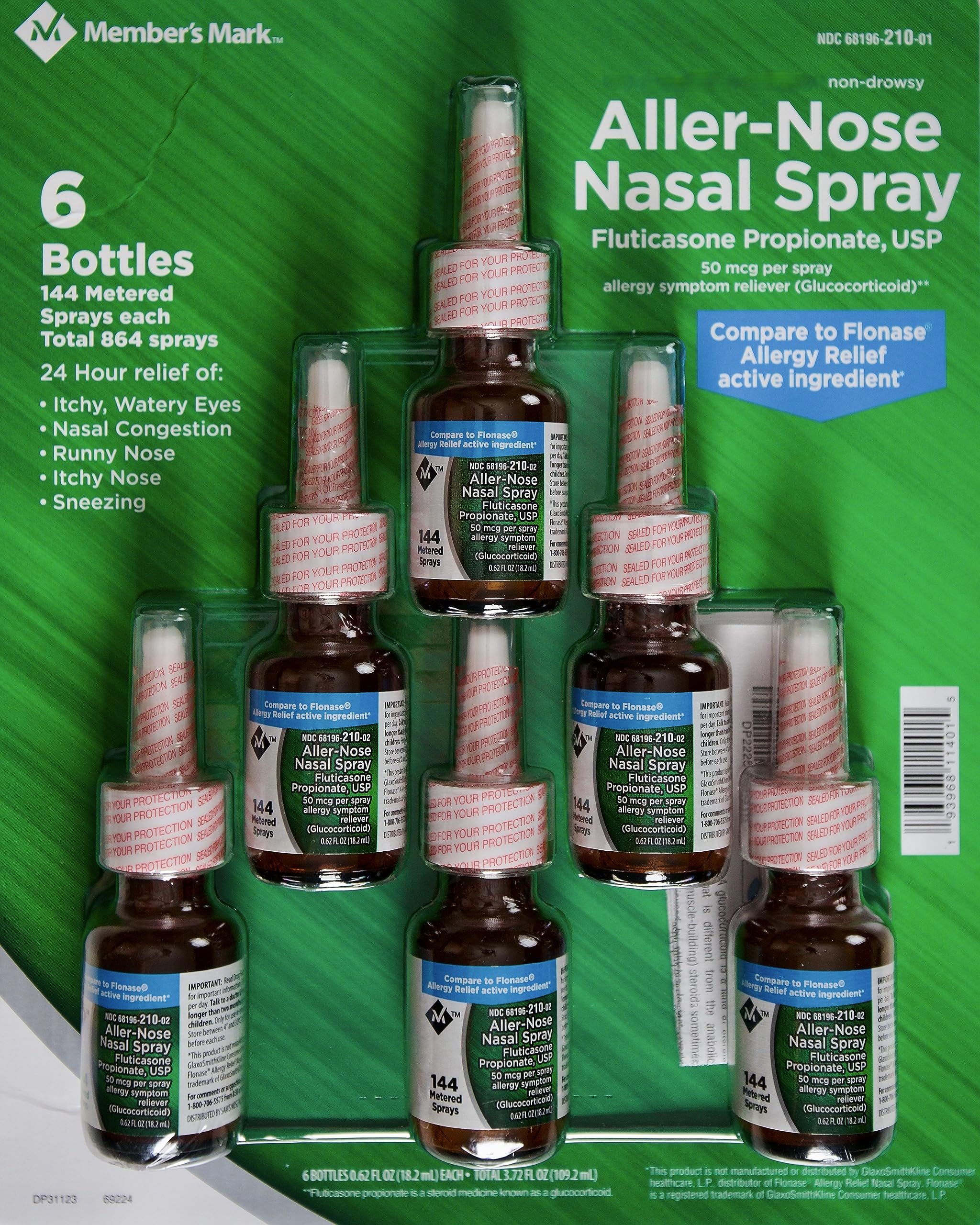 Member's Mark Aller-Nose nasal spray bottle close-up, compact design for travel-friendly use.