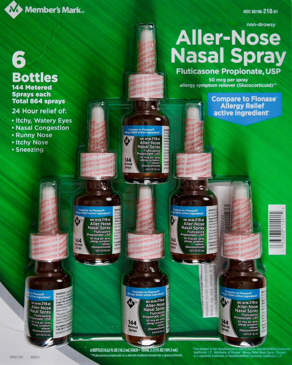 Member's Mark Aller-Nose nasal spray bottle close-up, compact design for travel-friendly use.