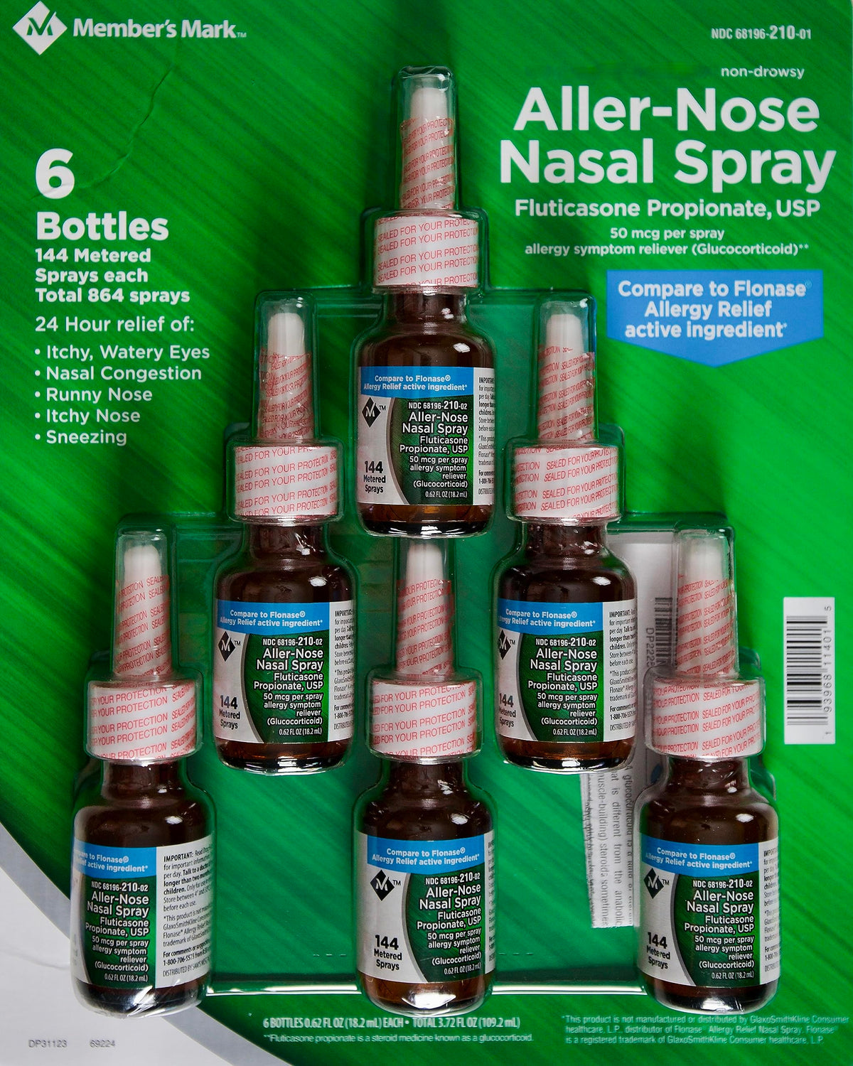 Member's Mark Aller-Nose nasal spray bottle close-up, compact design for travel-friendly use.