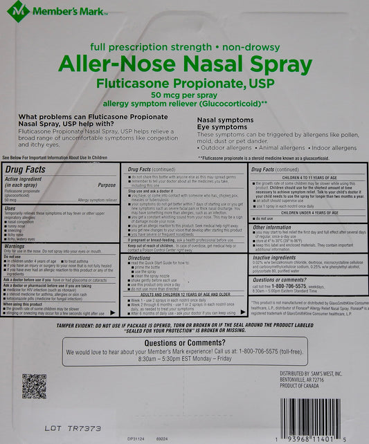 Member's Mark Aller-Nose nasal spray pump-action bottle ready for daily use.