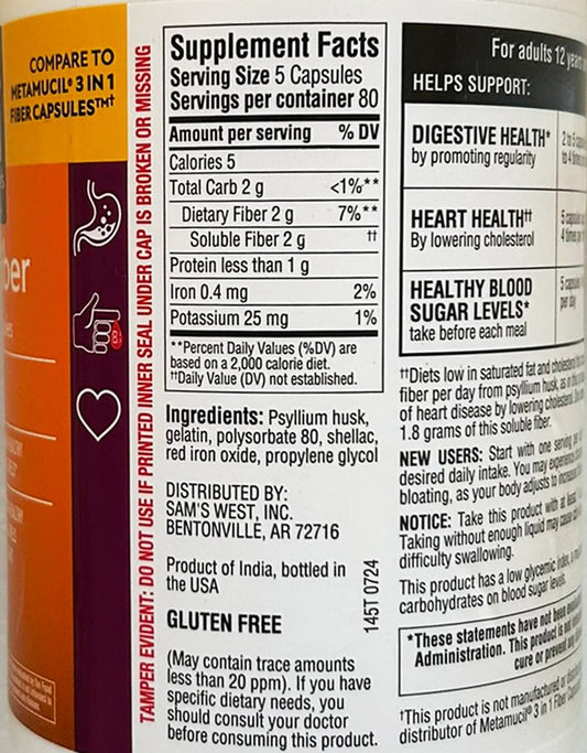 Member's Mark Fiber Capsules bottle back with label details for easy dosing.