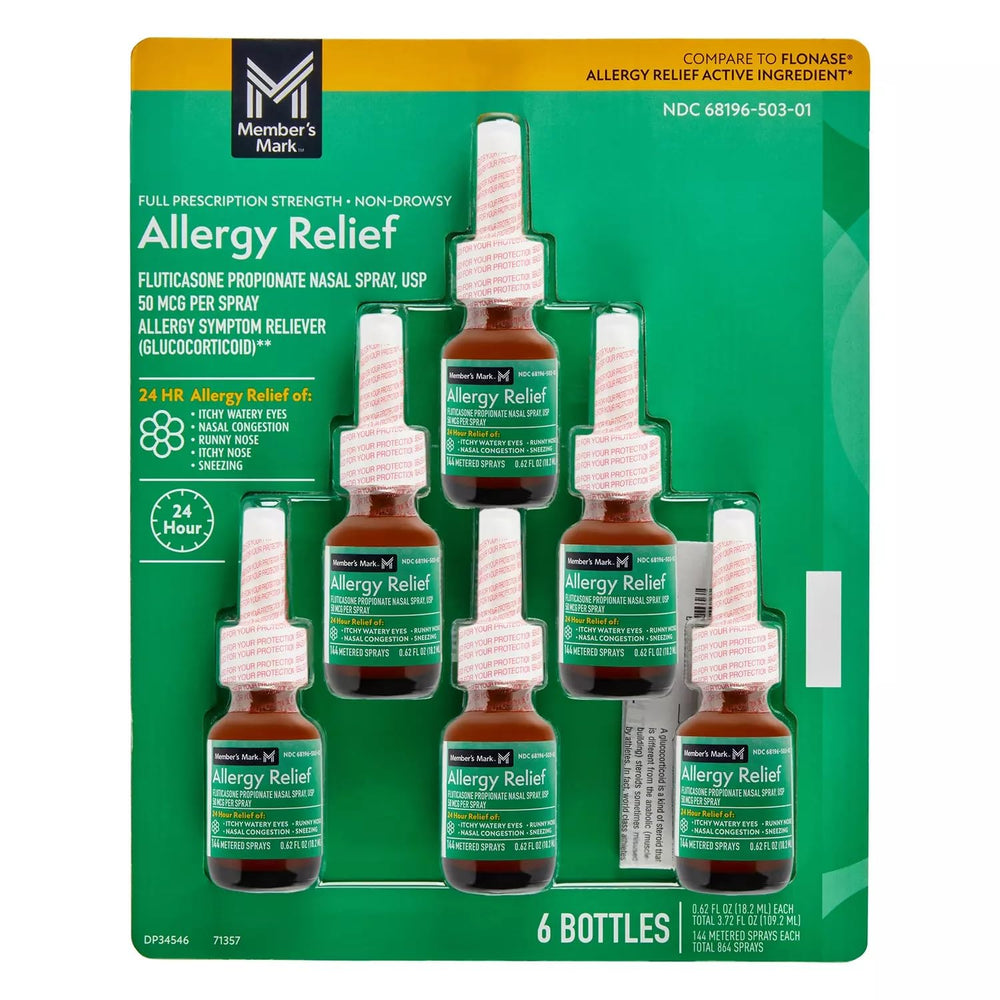 Members Mark Fluticasone Propionate nasal spray 6-pack bottle for allergy relief on the go.