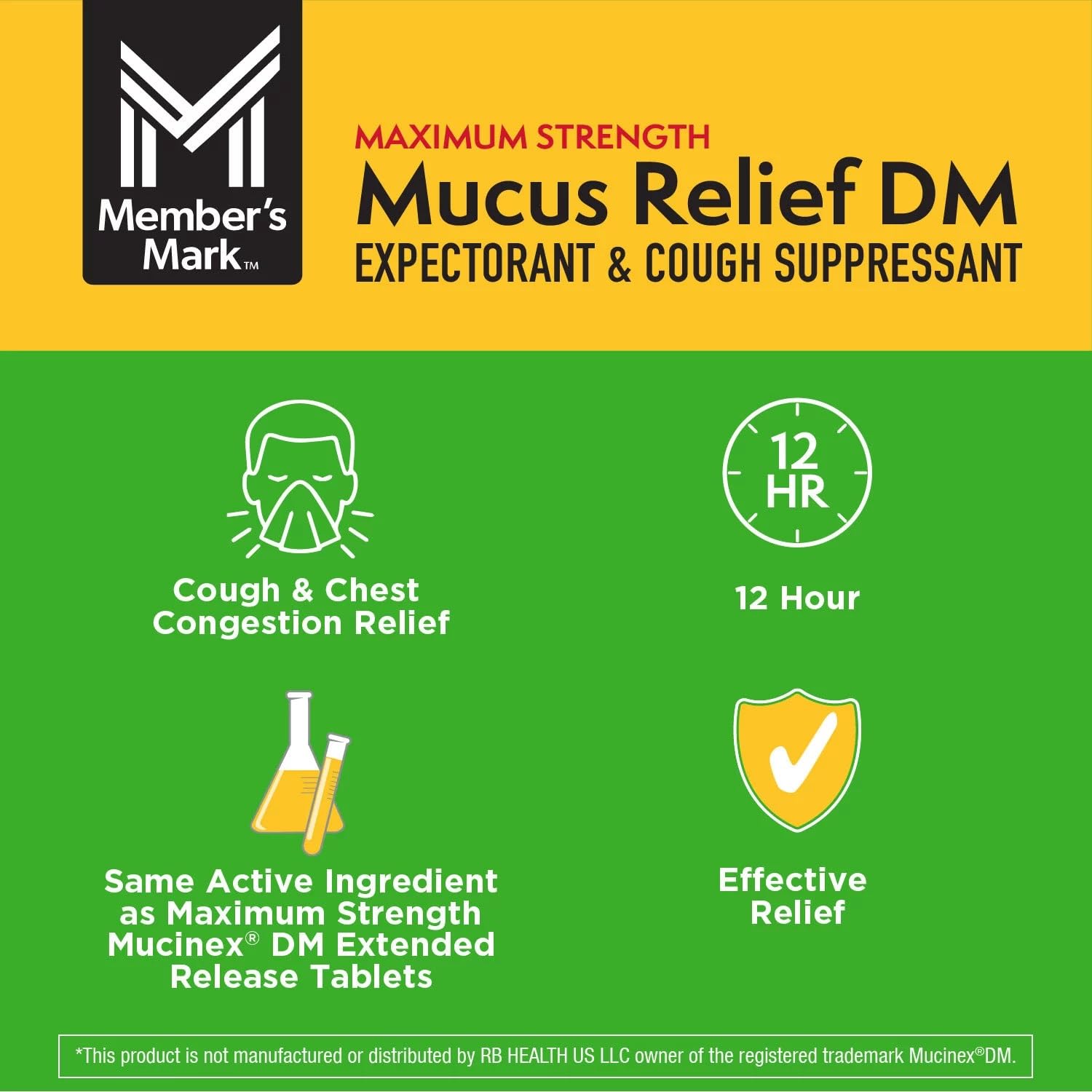 Store shelf display of Member’s Mark Mucus Relief DM packaging
