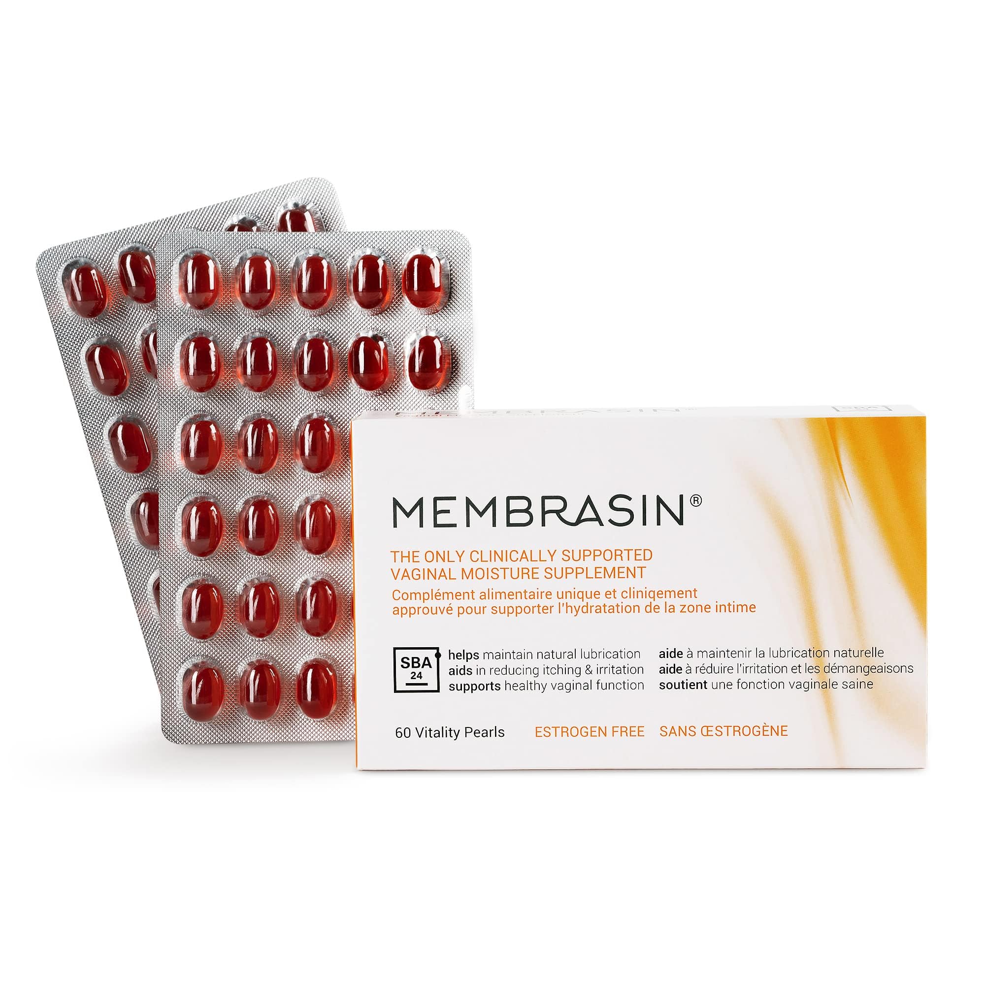 Membrasin Vitality Pearls bottle supports daily hydration for menopausal comfort.