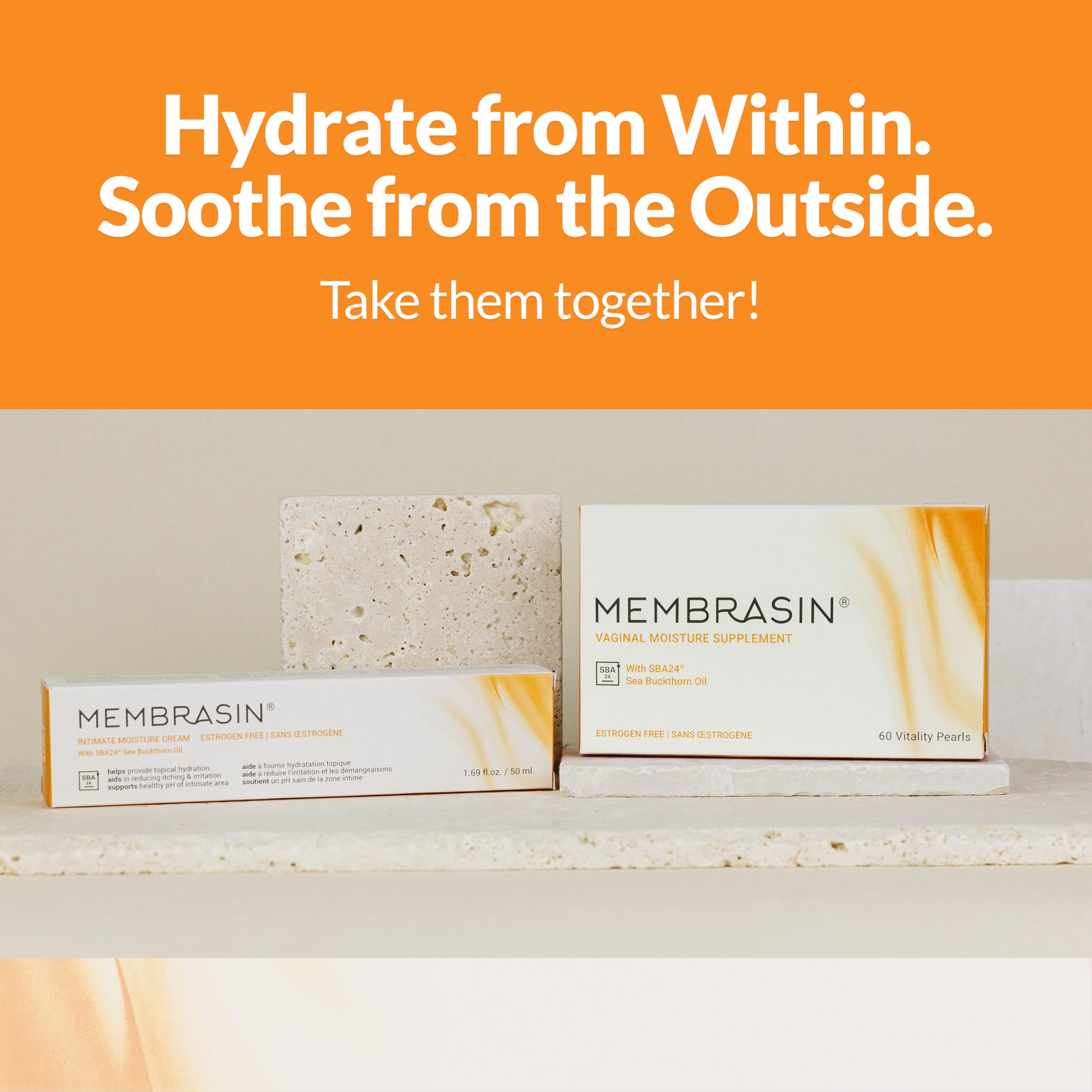 Membrasin Vitality Pearls on bathroom shelf showing easy daily routine.