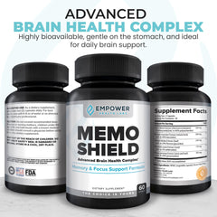 MemoShield Bacopa bottle label emphasizing cognitive clarity and focus.