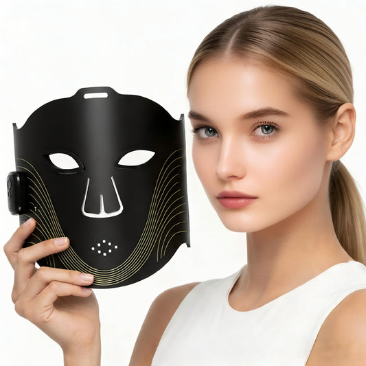 MEMTIM red light mask on face close-up for an at-home radiant glow