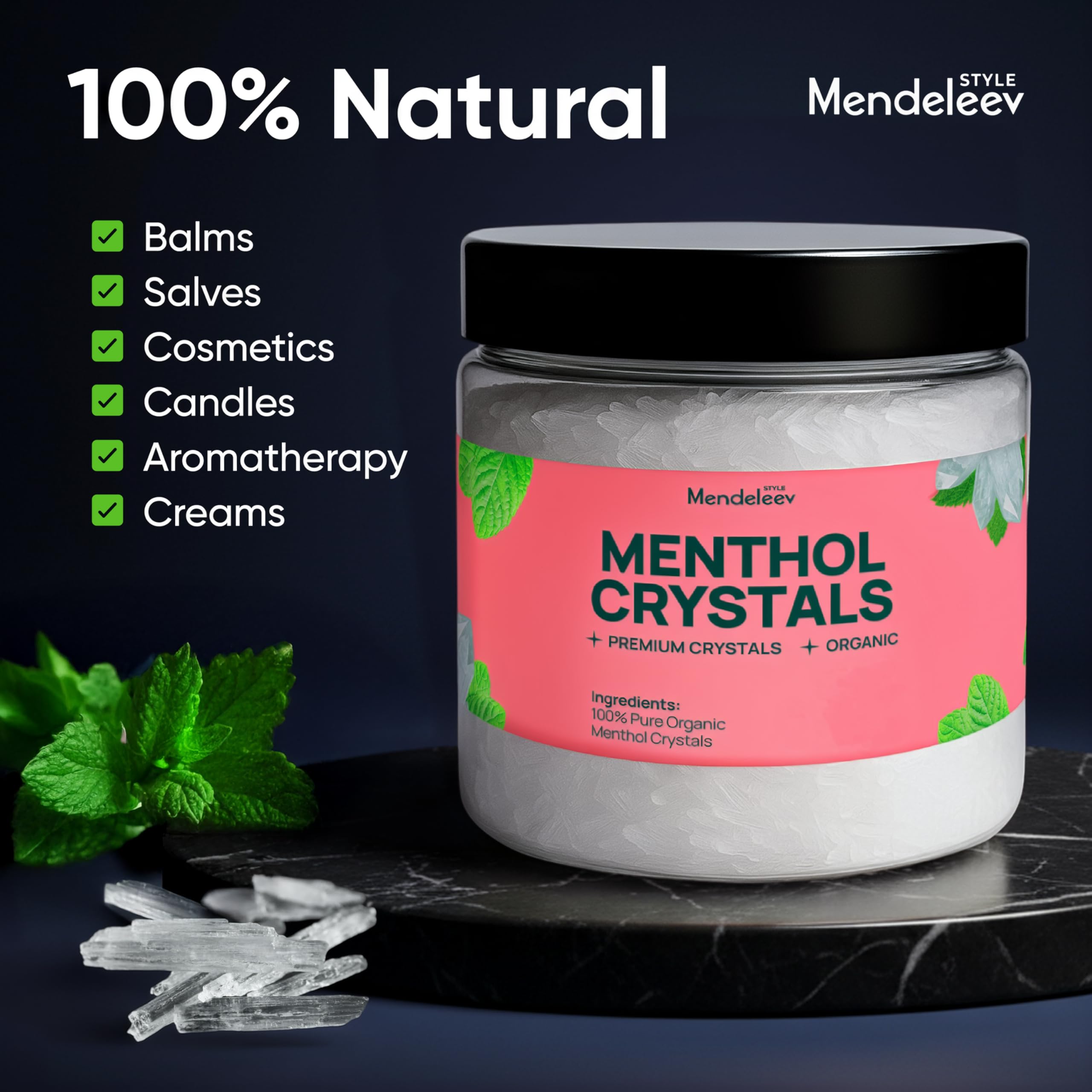 Close-up of Mendeleev Style menthol crystals highlighting high-purity structure for cosmetics.