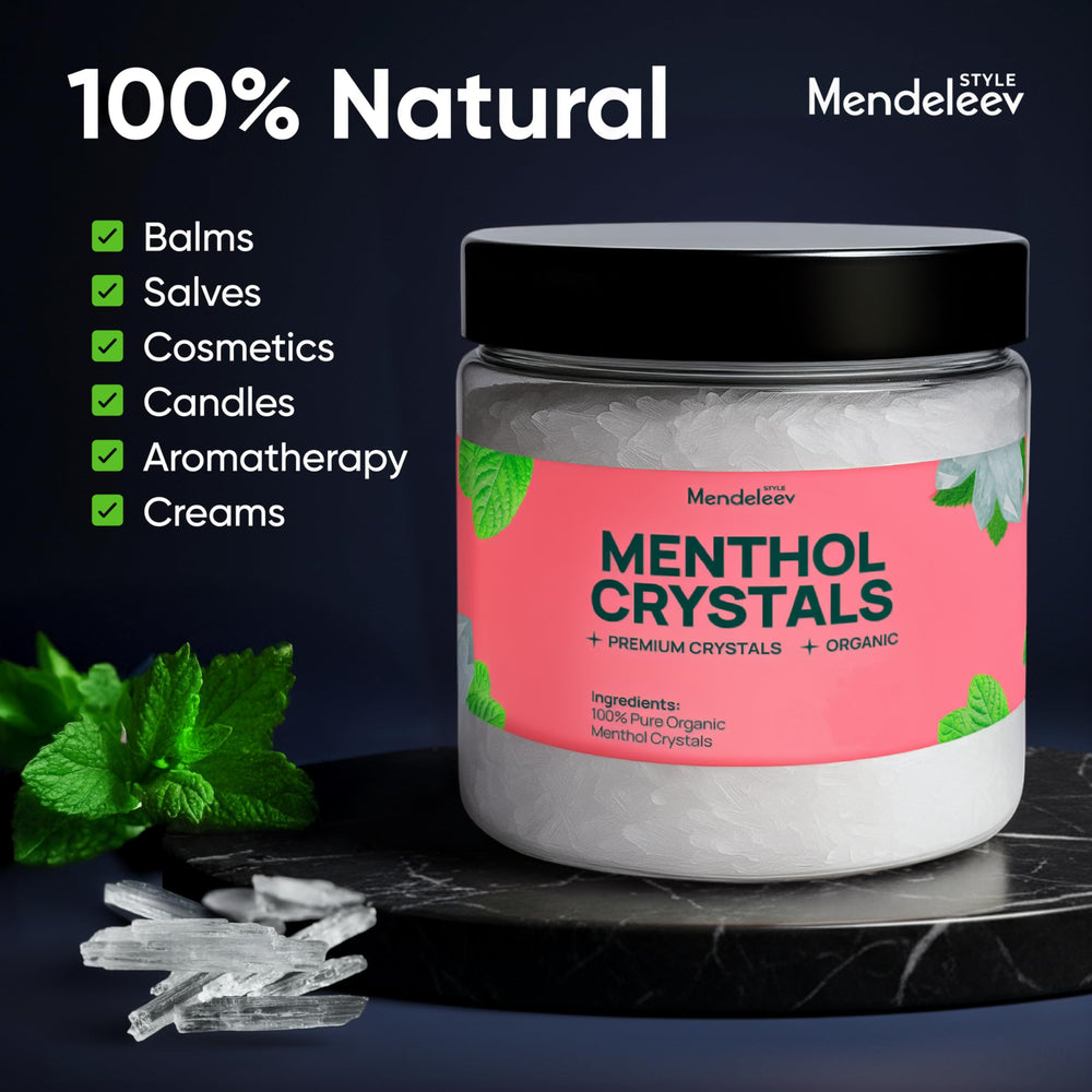Close-up of Mendeleev Style menthol crystals highlighting high-purity structure for cosmetics.