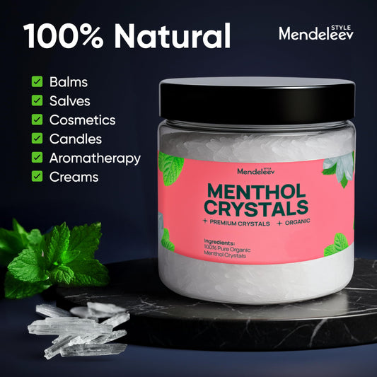 Close-up of Mendeleev Style menthol crystals highlighting high-purity structure for cosmetics.