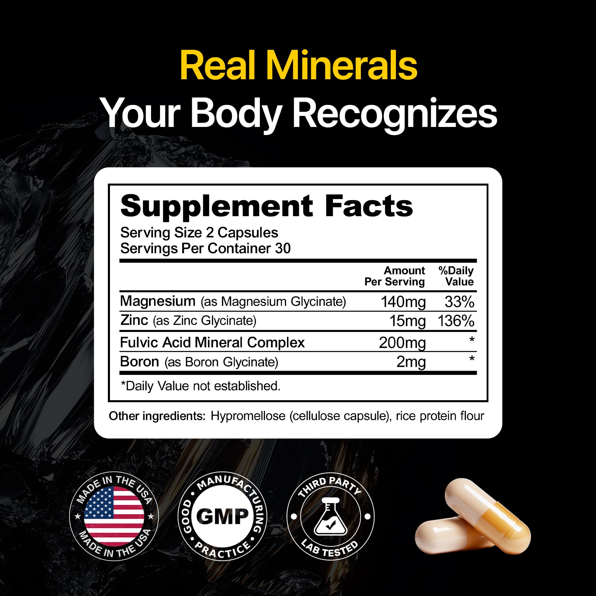 Menerals mens multivitamin bottle back label shows fulvic acid and minerals for absorption support