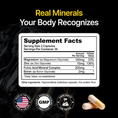 Menerals mens multivitamin bottle back label shows fulvic acid and minerals for absorption support