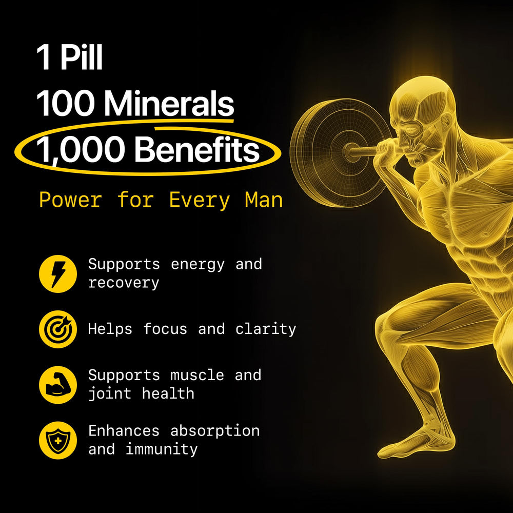 Menerals mens multivitamin daily dose tablet close-up suggests focus and steady energy