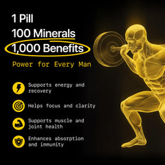 Menerals mens multivitamin daily dose tablet close-up suggests focus and steady energy