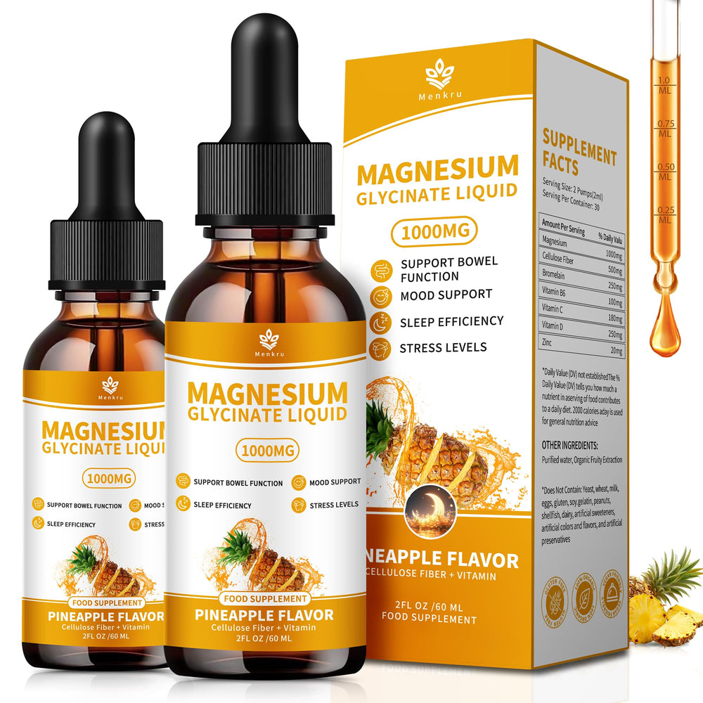 Menkru magnesium glycinate drops in a pineapple bottle for easy daily wellness.