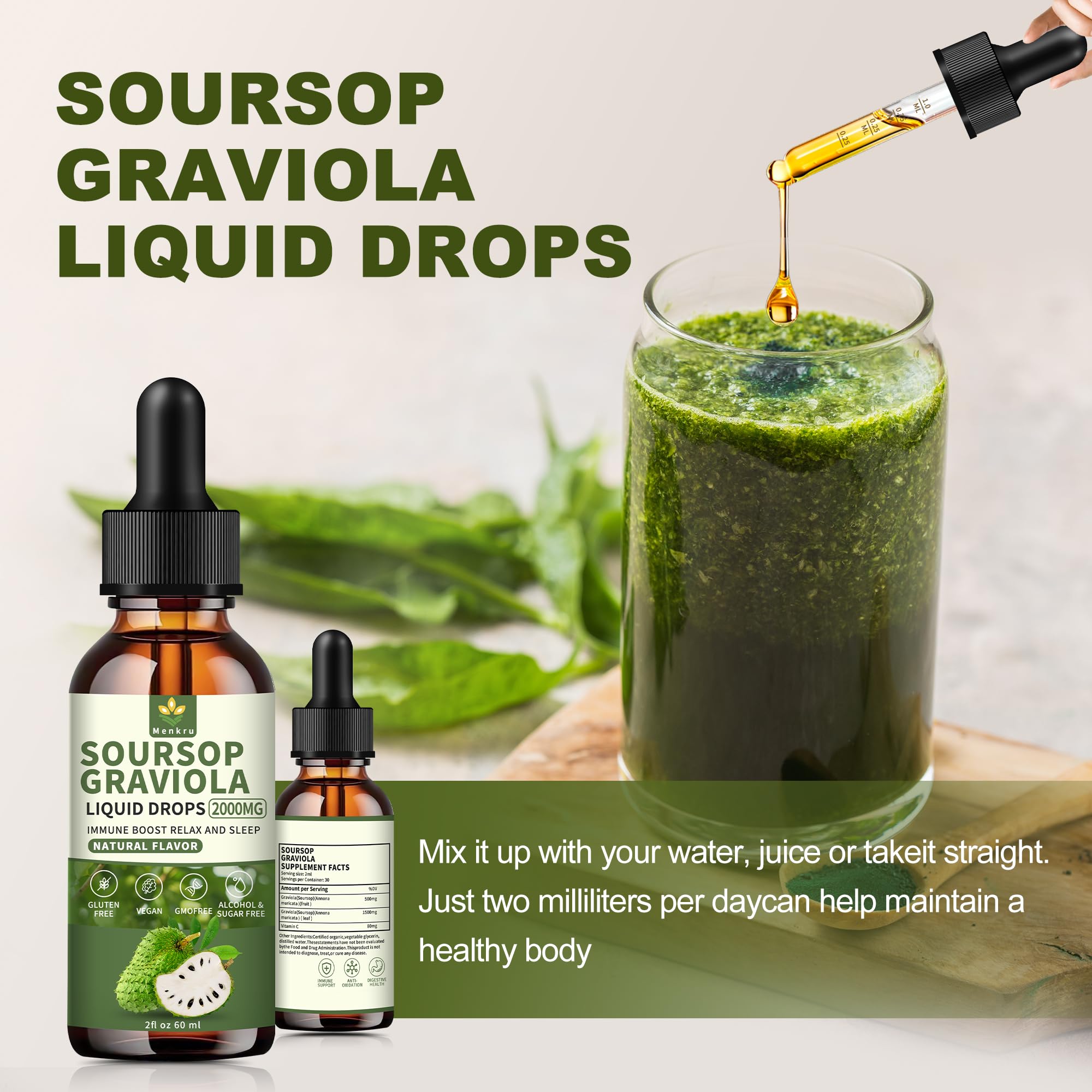 Fresh organic soursop leaves and fruit used in Menkru formula