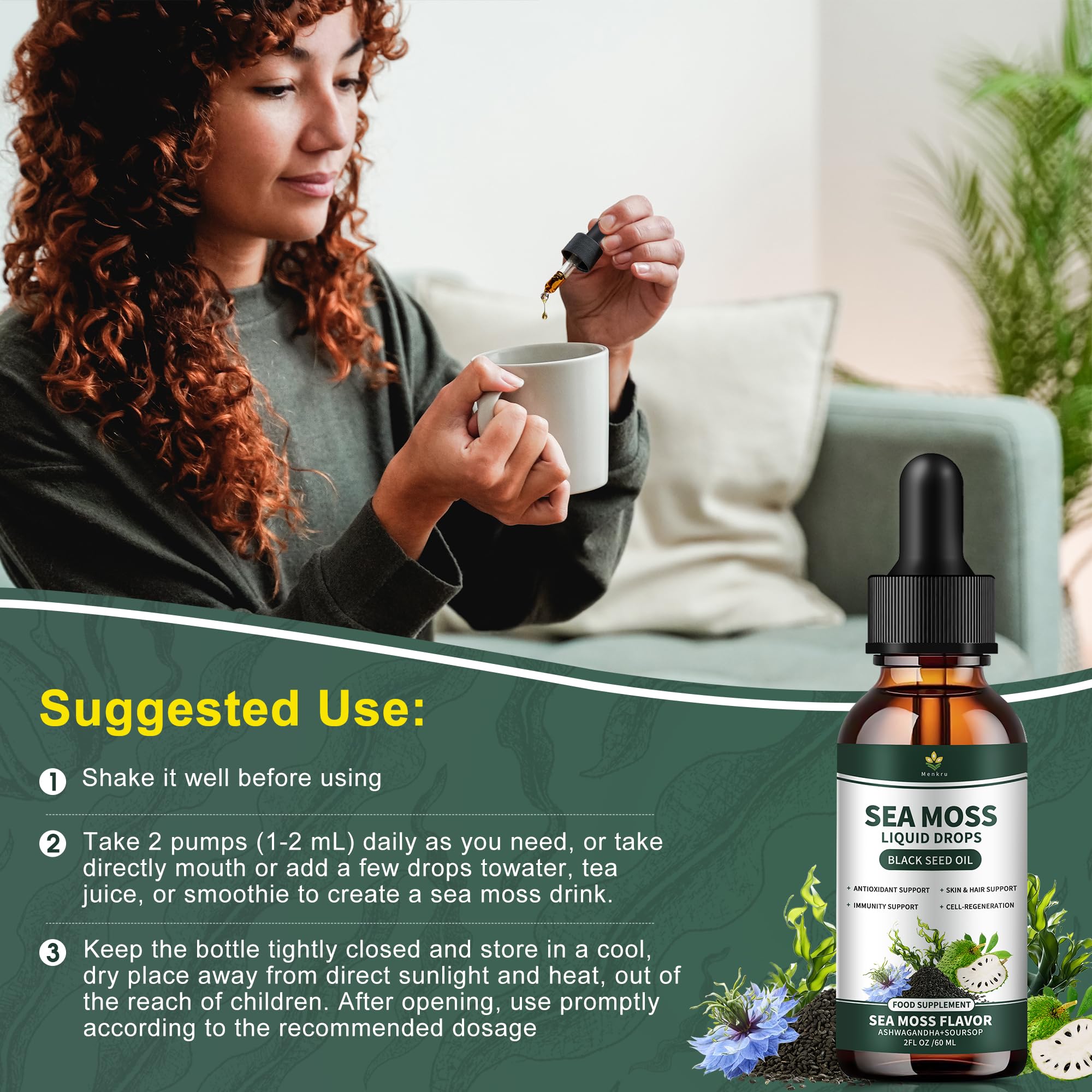 Menkru Sea Moss Liquid Drops in glass with juice for daily routine