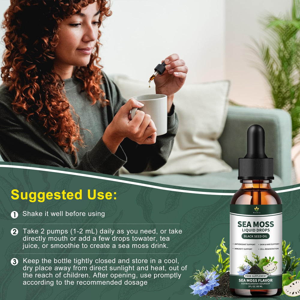 Menkru Sea Moss Liquid Drops in glass with juice for daily routine