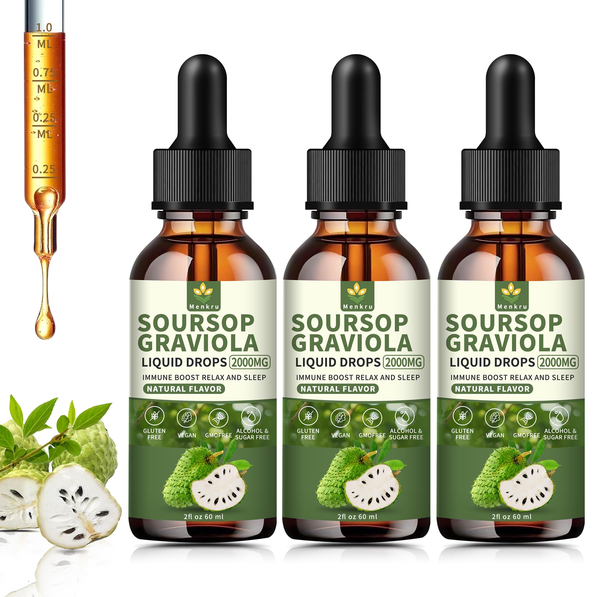 Menkru Soursop Drops bottle with 3-pack packaging for daily use