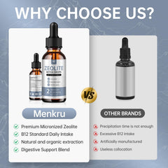 Menkru Zeolite Drops dosing syringe shows a 2 ml daily serving
