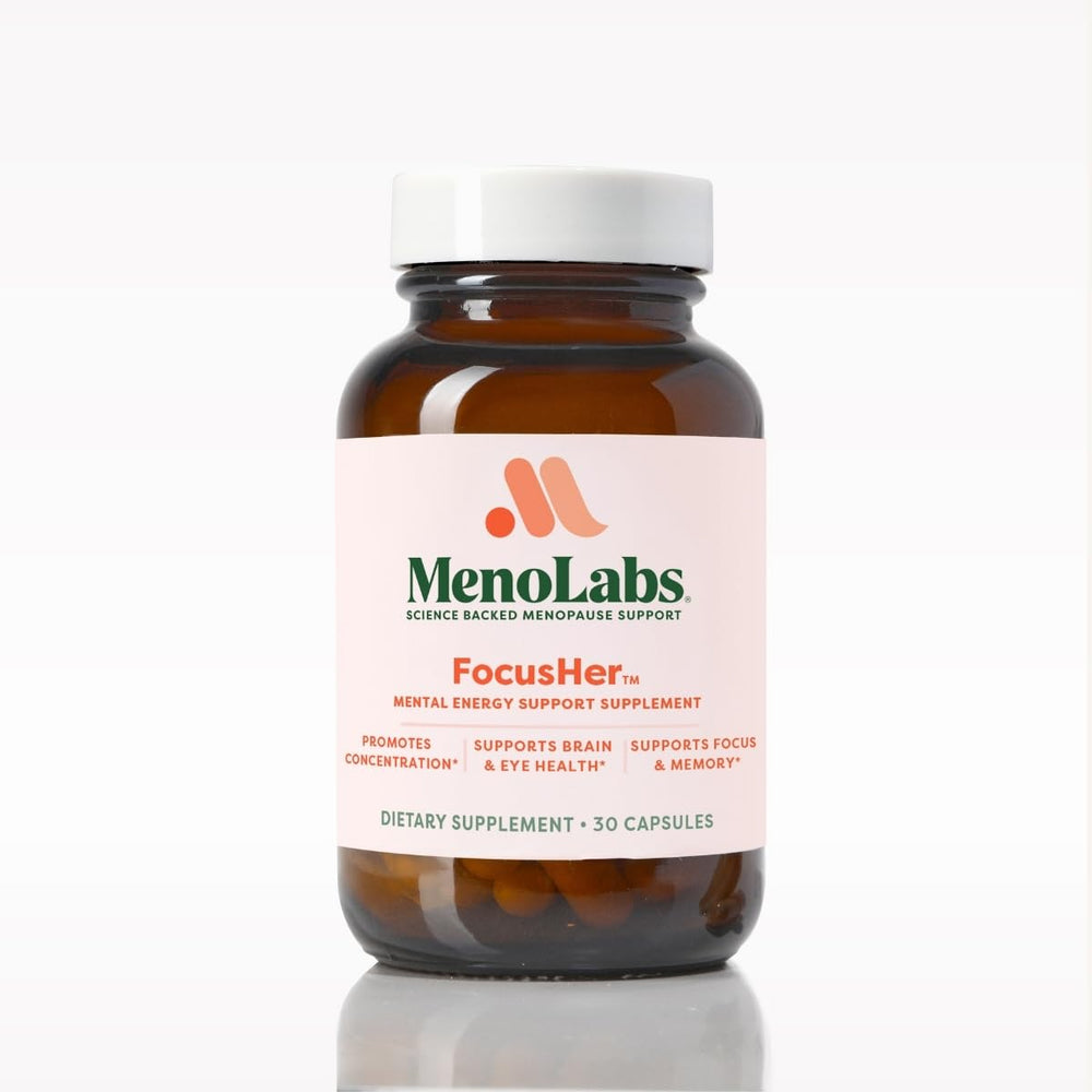 MENOLABS FocusHer bottle front showing caffeine-free mental energy support for busy mornings.