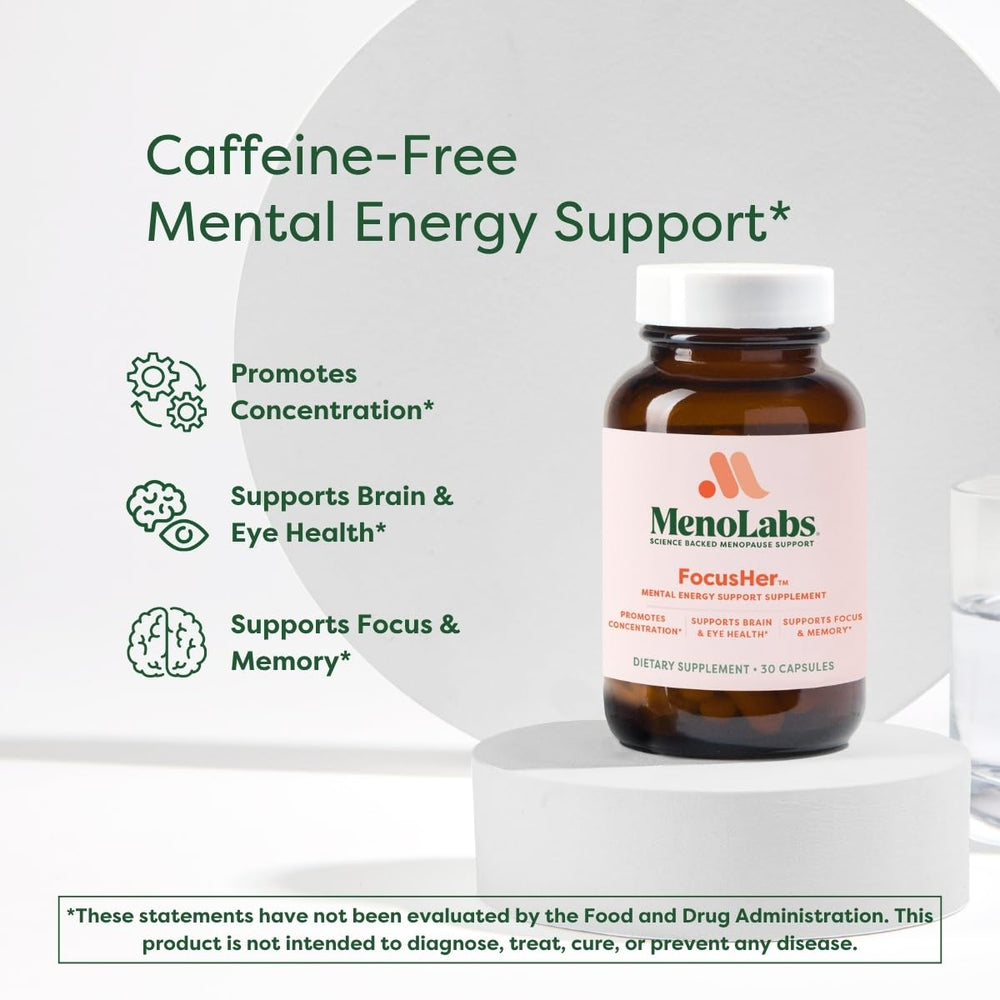 Closeup of FocusHer capsules highlighting one-a-day dosage for focus and memory.
