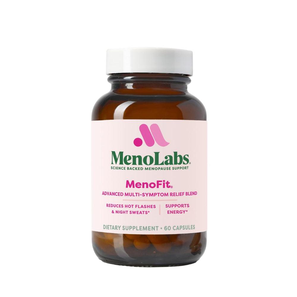 Menolabs MenoFit bottle close-up showing probiotic formula for gut support